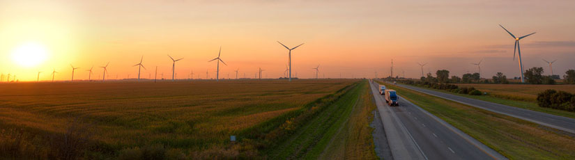 Indiana Highway along wind turbines